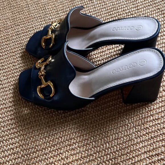 Women's Sandals Peep Toe Slides Chunky Heel Mules - Picture 3 of 4